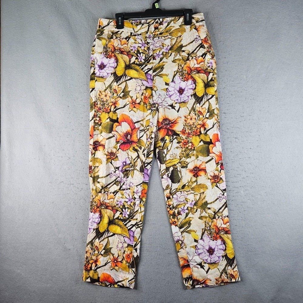 Chicos Linen Pants Womens 0.5R US Size 6 Regular Green Floral Cottage Bold